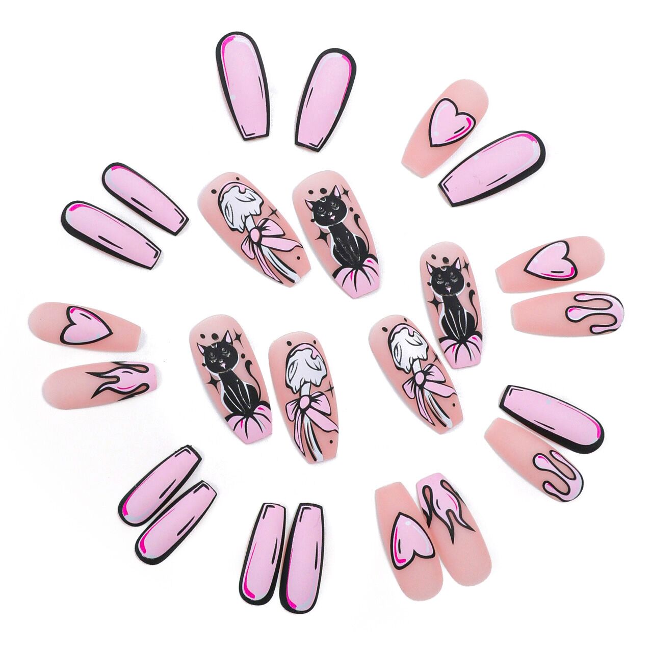 24-Piece Coffin Press On Nails in Light Pink and Pink with Cat Painting Nail Art