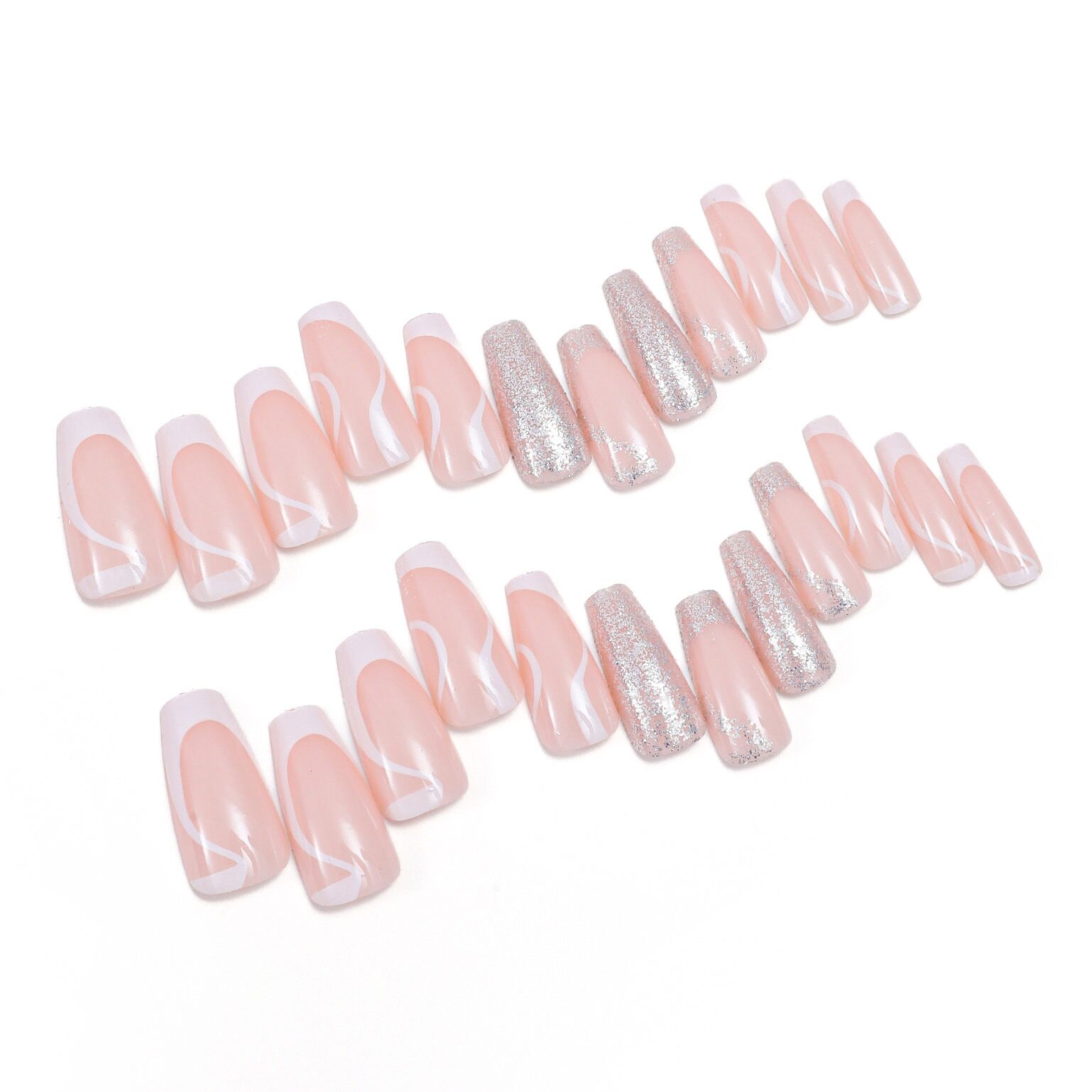 24-Piece Coffin Press On Nails in Light Pink, White, and Silver with Glitter French Tip Design