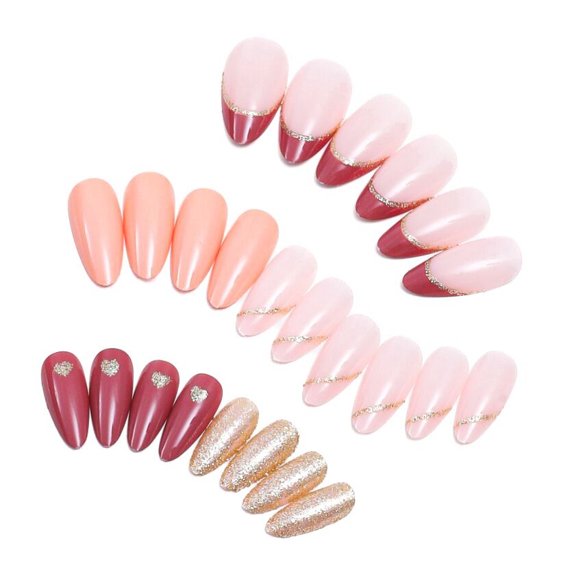 24-Piece Set of Almond Press On Nails in Red, Gold, and Mixed Red-Pink-Gold with Glitter and French Tips